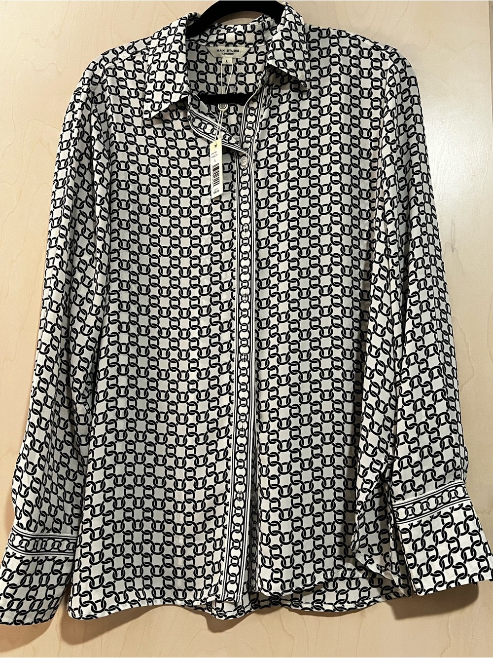 Max Studio Black & White Chain-Pattern Button-Front Blouse, L, NWT